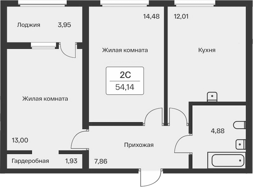 2-комнатная квартира 56.14 м², 1/12 эт., ЖК «Расцветай в Янино»